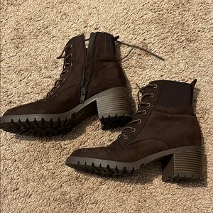 Market & Spruce Halyn Block Heel Ankle Boot Brown Zip Up Lace Up Bootie 7.5